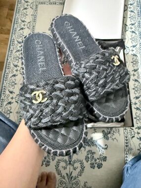 CHANEL Black Braided Quilted Slide Sandals with Gold CC
